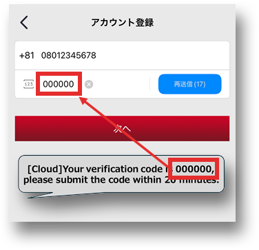 ショートメッセージに記載された確認コードを入力する画像