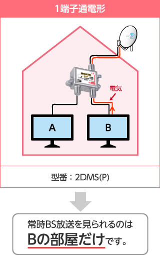 一端子通電形 型番：2DMS(P) 常時BS放送を見られるのはBの部屋だけです。