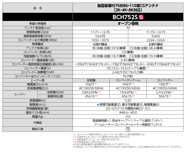 融雪装置付75形BS・110度CSアンテナ | 製品情報 | DXアンテナ